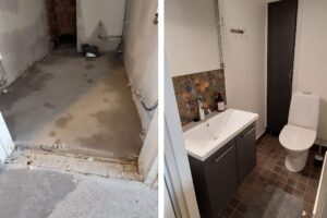 Wc lattian laatoitus Kuopiossa ennen ja jälkeen
